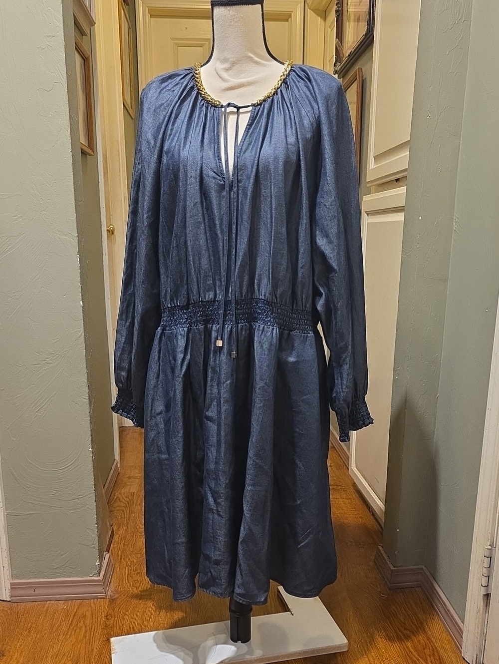Michael Kors Navy Blue Long-Sleeve Gathered Waist Dress with Chain Trim